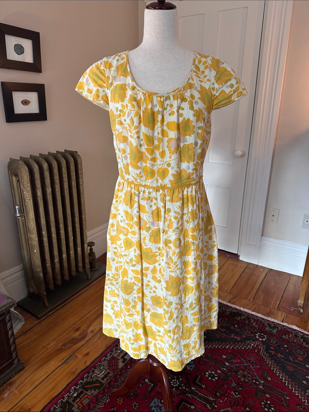 Boden Yellow Floral Linen Cap Sleeve Sundress